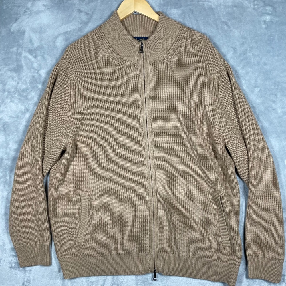 Brooks Brothers Extra Fine Merino Wool Full Zip Sweater Tan XXL Shaker Stitch